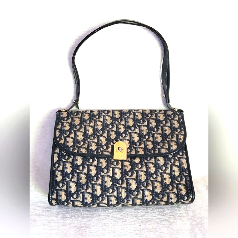 Auth 💞Christian Dior Vintage Navy Jacquard Shoulder Bag W/Adjustable Strap - Picture 1 of 14